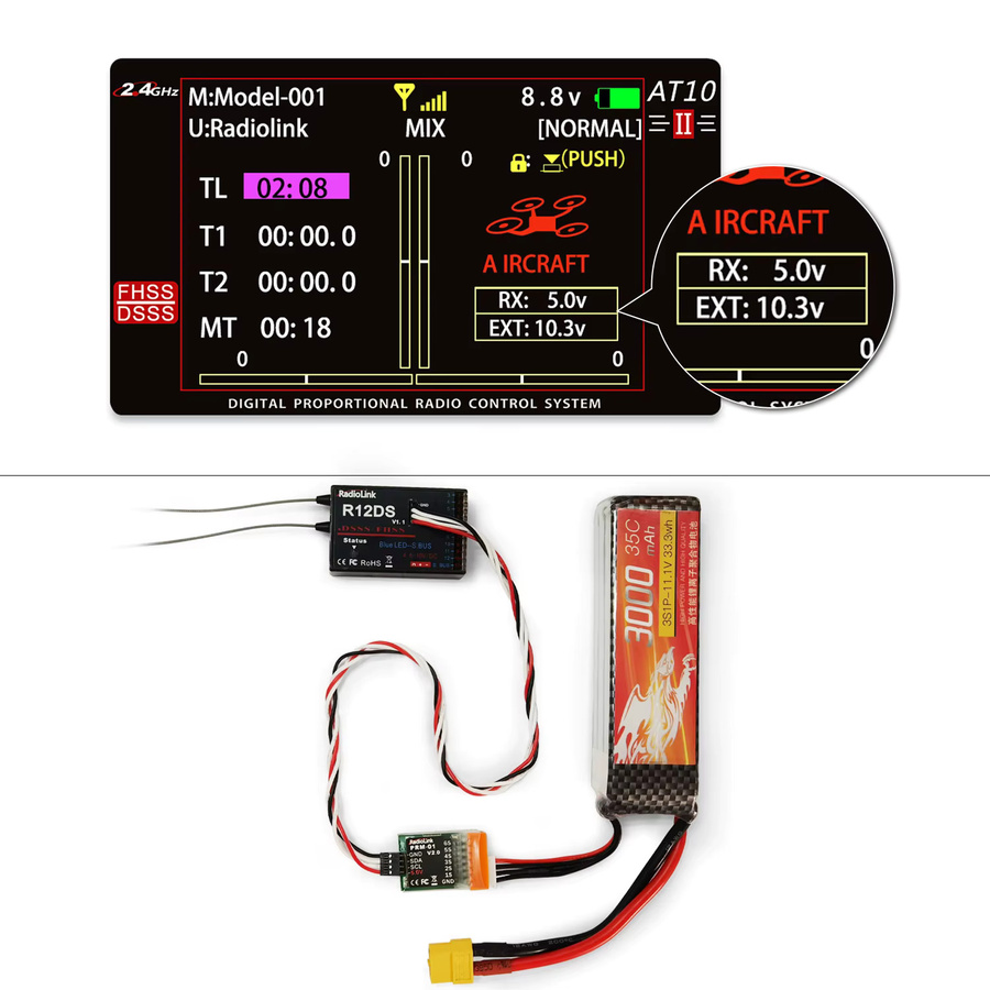 Radiolink PRM-01 Telemetrie Modul zur Flugzeug Batterie Spannungsanzeige kompatibel mit AT9S, AT9S Pro und AT10II sowie R9DS und R12DS - Bild 4