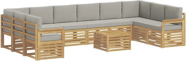 vidaXL Outdoor-Sofagarnitur 8-teilig in L-Form aus Akazienholz mit Polstern in Weiß und Hellgrau, B/T/H: 59 x 59 x 37 cm - Bild 1