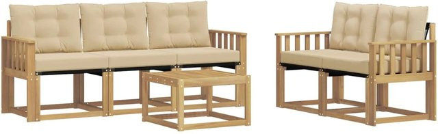 vidaXL Outdoor-Sofagarnitur 6-teilig in L-Form mit Kissen und Couchtisch, Weiß und Beige, aus Akazienholz und Textilene - Bild 1