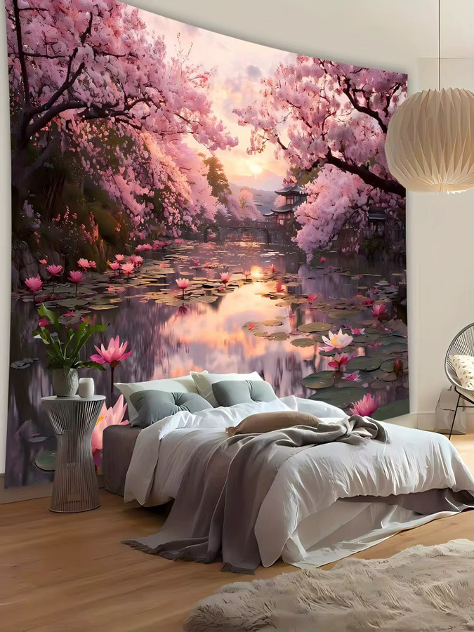 VIKAMA Wandteppich mit japanischem Kirschblüten-Design in floraler Landschaft für dein Zuhause - Bild 3