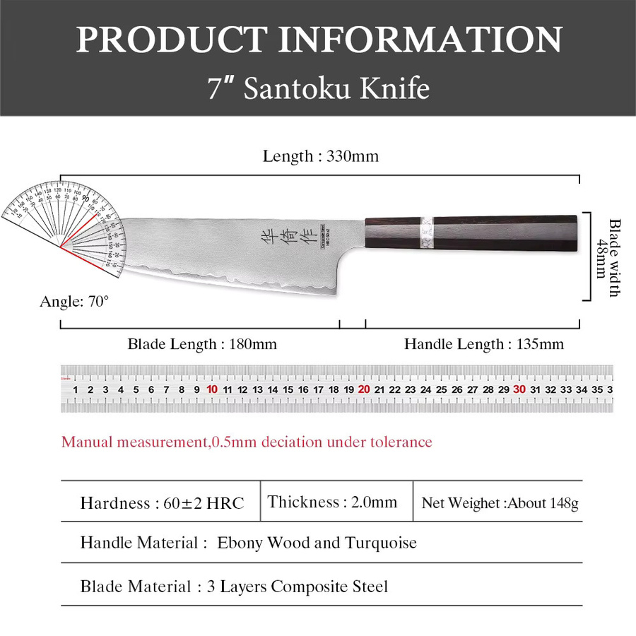 HUAYIGRAND Santoku-Messer aus dreischichtigem Verbundstahl, 17,78 cm, Weiß - Bild 6