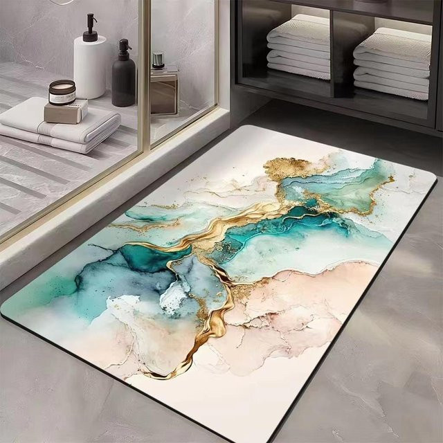 Saugfähige und rutschfeste Badezimmermatte von Yiran Furniture in Weiß mit Marmor-Design, B/B: 50 x 80 cm - Bild 1