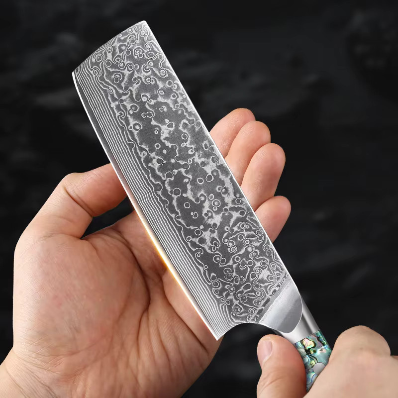 Baovim Nakiri-Messer aus Damaststahl mit buntem Abalone-Muschelgriff, 17,78 cm - Bild 4