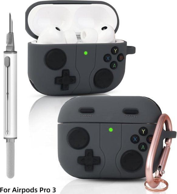 Apple AirPods Pro 3 Silikonhülle im 3D-Game-Design mit Reinigungsstift und Schlüsselanhänger, Farbe: Pink - Bild 1