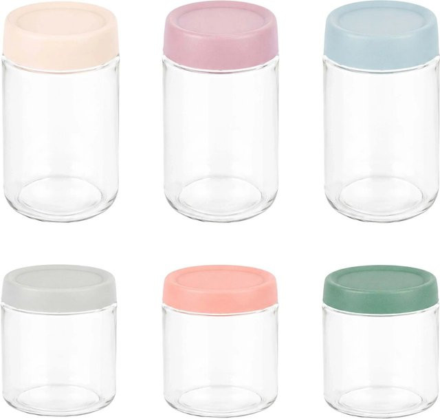 Relaxdays Einmachgläser 6er Set aus Glas und Kunststoff, transparent und bunt, luftdicht mit Twist-Off Verschluss, 350 ml und 450 ml, Durchmesser: 8,5 cm - Bild 1