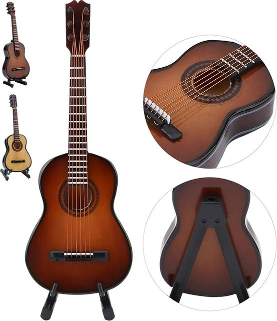 VAKIND Miniatur-Gitarre aus Holz mit Ständer in Braun als Deko-Ornament - Bild 1