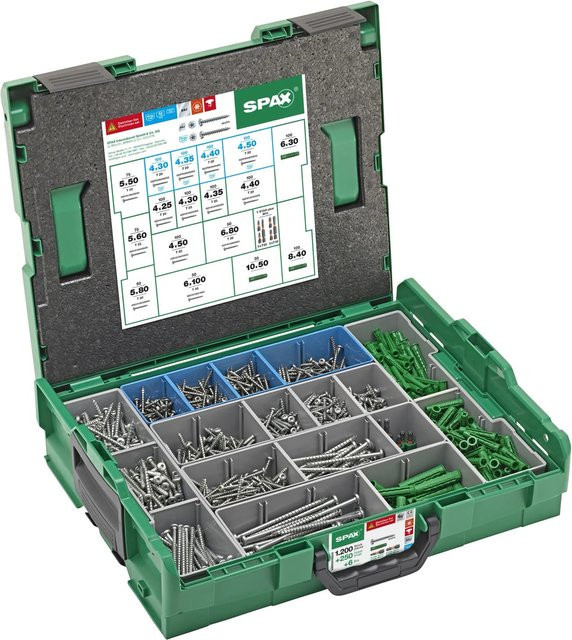 Spax Elektriker L-Boxx T-Star Plus Set mit Schrauben und Dübeln in Grün, 1.456 Stück - Bild 1
