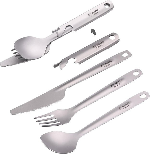 TOMSHOO 4-in-1 Titan-Besteckset in Silber Matt mit Löffel, Gabel, Messer und Flaschenöffner inklusive Aufbewahrungshalter - Bild 1