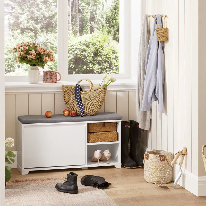SoBuy Schuhbank FSR119-W in Weiß mit Sitzkissen und Drehtür, Klassisch und Minimalistisch, B/T/H: 90 x 24 x 47 cm - Bild 4