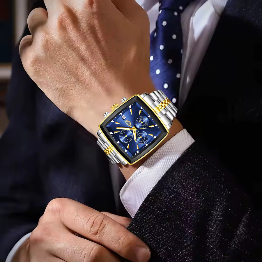 LIGE Armbanduhr Chronograph, Quarz, Edelstahl, Blau, Herren, Eckig - Bild 3