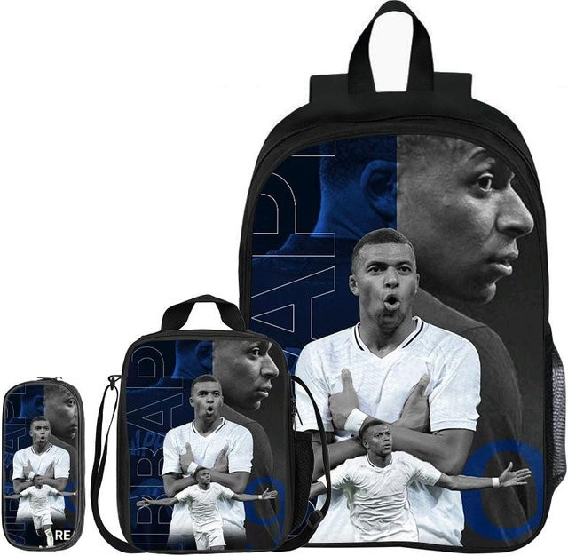3-teiliges Schulset von Fancy Style Studio mit Rucksack, Federmäppchen, Buchtasche und Brotdose im Fußballstar Design in Blau - Bild 1