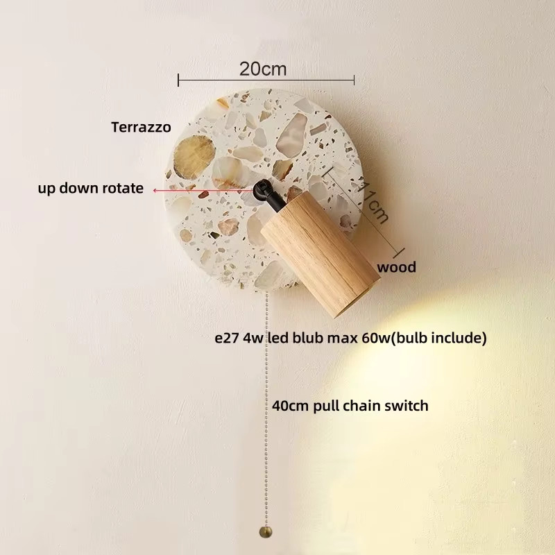 Wabi Sabi Wandleuchte mit Terrazzo-Design und Schalter, drehbare Ambiente-Dekorlampe aus Stein und Holz für Schlafzimmer und Flur, Mehrfarbig - Bild 2
