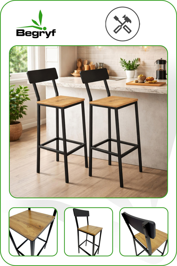 Begryf Barhocker Set aus 2 Stück in Schwarz im industriellen Stil aus Erle und Metall, H x B x T: 90 x 30 x 40 cm - Bild 7