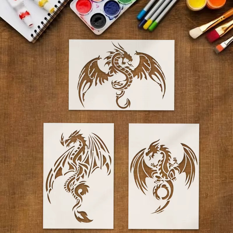YOMDID 3er Set Drachen Zeichenvorlagen aus PET für DIY-Drachenmuster, Sprühmalerei und Graffiti-Dekoration, B: 24,0 cm, H: 16,0 cm - Bild 1