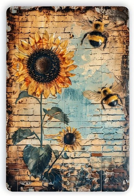ZX ART Vintage Metallschild Sonnenblume und Bienen, Rustikale Wandkunst aus Metallzinn in Multicolor, B/H: 20,32 x 30 cm - Bild 1
