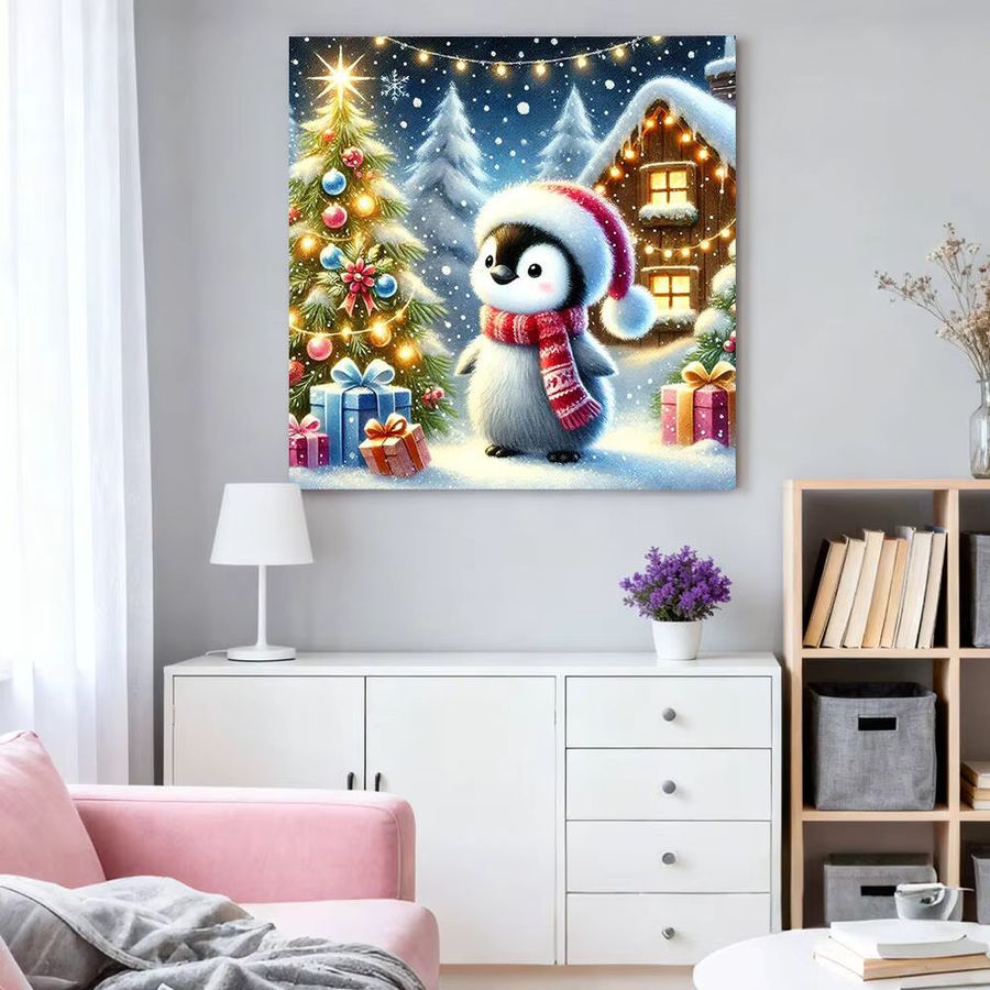 HUACAN Diamant-Gemälde Set Pinguin im Winterhaus als Wanddekoration mit Full Round Strasssteinen für Weihnachten B/H: 20 x 20 cm - Bild 3
