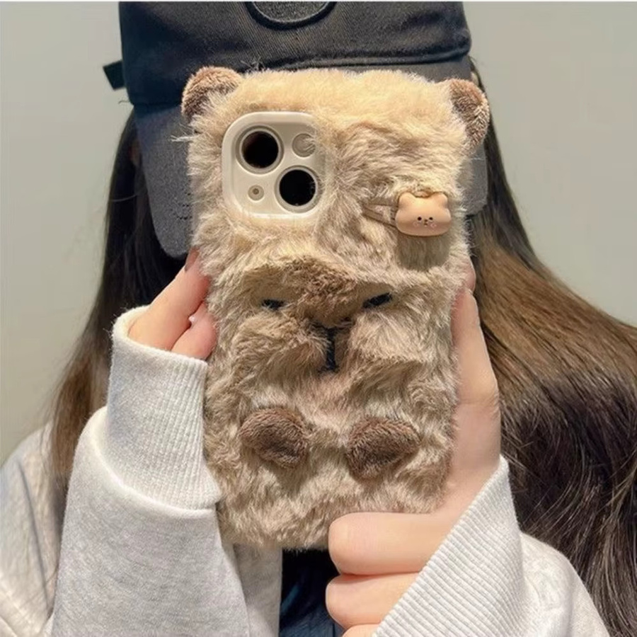 Flauschige Capybara Handyhülle aus Plüsch für Apple iPhone 17 Air 16 Pro Max 15 14 13 12 11 in Braun - Bild 2