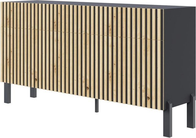 Selsey Sideboard Telire Dreitürig mit drei Schubladen und Lamellenfront Schwarz/Artisan Eiche Breite: 154 cm - Bild 1