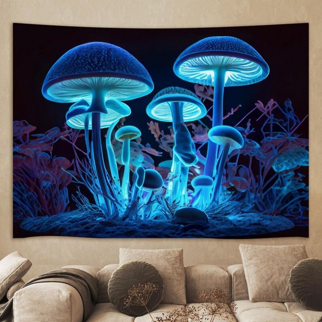 VIKAMA Neon Wandteppich mit leuchtenden Pilzen, UV-reaktive Fantasiewald Wandkunst, Mehrfarbig, Breite: 60 cm, Höhe: 40 cm - Bild 1