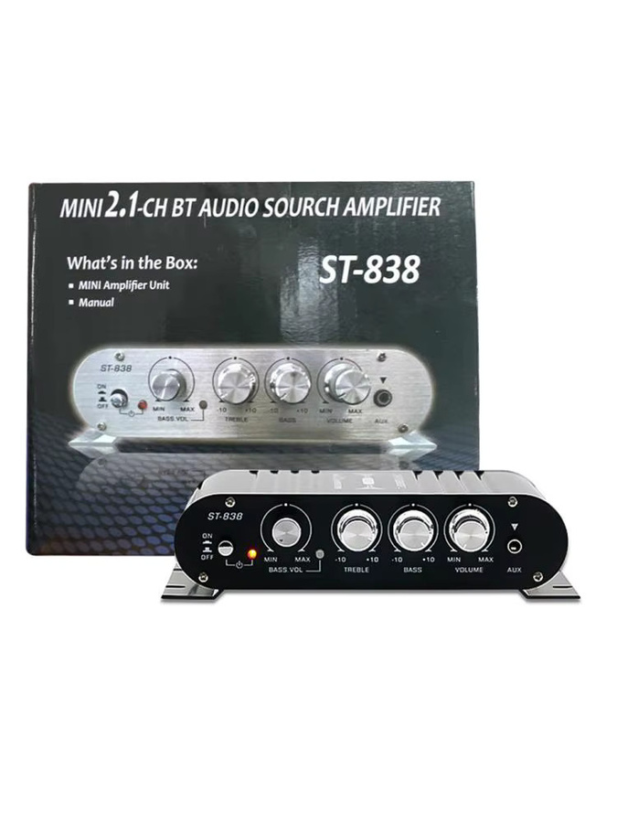 VODOOL ST-838 HiFi 2.1-Kanal Stereo-Leistungsverstärker mit Bass- und Höhenregelung, 80W*2, Schwarz/Silber, für Auto und Zuhause - Bild 4