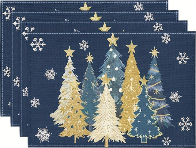 VIKAMA 4-teiliges Weihnachts-Tischset aus Leinen in Tiefblau und Gold für die Wintertischdekoration - Bild 1