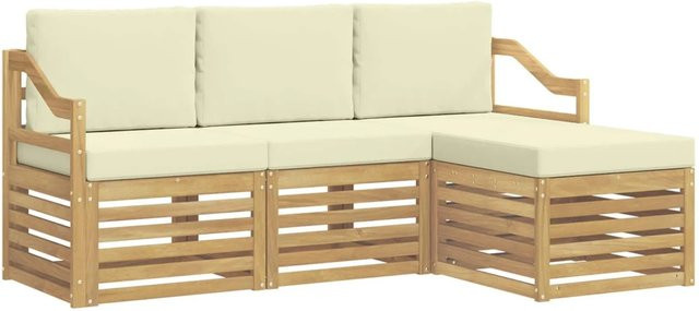 vidaXL Outdoor-Sofagarnitur 4-teilig in L-Form aus Akazienholz mit Polstern in Weiß und Beige, B/T/H: 185,5 x 122,5 x 73 cm - Bild 1