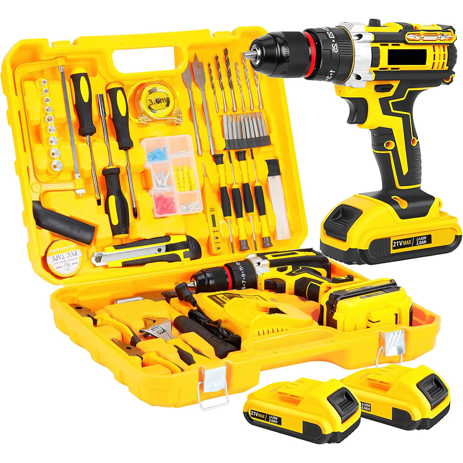 TKKEACE Akku-Schlagbohrmaschine Set in Gelb mit 120-teiligem Zubehör, kabelloser Bohrhammer mit 400W Leistung, 45Nm Drehmoment und 1800RPM, 2-Gang Elektrowerkzeug - Bild 6
