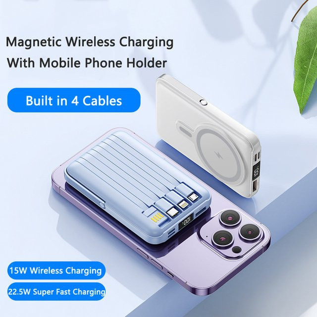 Magnetische kabellose Power Bank mit eingebautem Kabel, 20000mAh, 22,5W Schnellladung, Farbe: Blau - Bild 1