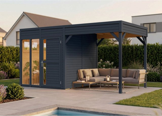 Bertilo Holz-Gartenhaus Office Lounge mit Flachdach in Anthrazit, B: 449 cm, T: 240 cm, H: 232 cm - Bild 1