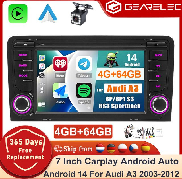 GEARELEC Android 14 Autoradio für Audi A3 2003-2012 mit 7 Zoll Display, kabelloses CarPlay, Android Auto, GPS und Bluetooth in Schwarz - Bild 1
