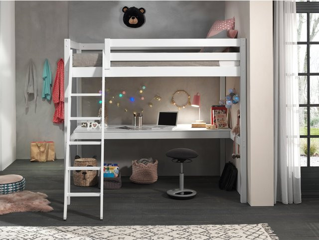 Vipack Hochbett aus massivem Kiefer mit Schreibtisch in Weiß, B/T/H: 140 x 200 cm - Bild 1