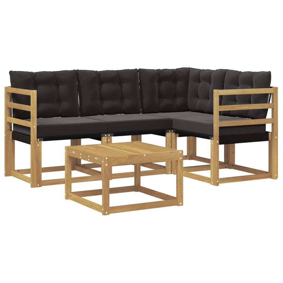 vidaXL Outdoor-Sofagarnitur 5-teilig in L-Form mit Kissen und Couchtisch, Akazienholz und Textilene, Weiß und Schwarz - Bild 2