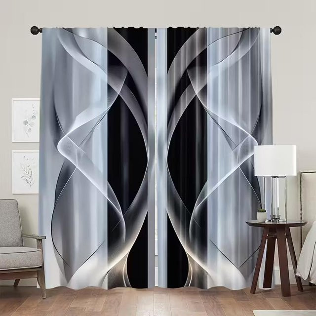 Tonnika Chen Vorhang Set mit Kurvendruck in Schwarz-Weiß aus Polyester, 2 Stück, B: 100 cm, H: 70 cm - Bild 1