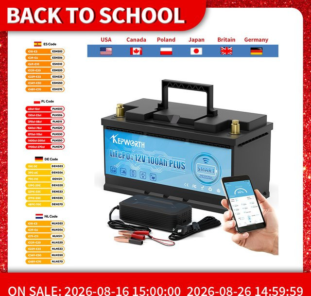 KEPWORTH Lithium-Eisenphosphat-Bluetooth-Batterie in Schwarz für Wohnmobile, Camper und Golfcarts - Bild 1