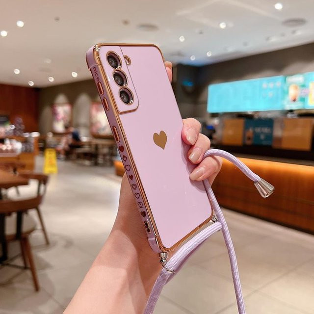 Samsung Handyhülle mit beschichtetem Herz Lanyard und Umhängeband in Violett für Galaxy S26 S25 S24 Ultra S24 FE A55 5G und weitere Modelle - Bild 1