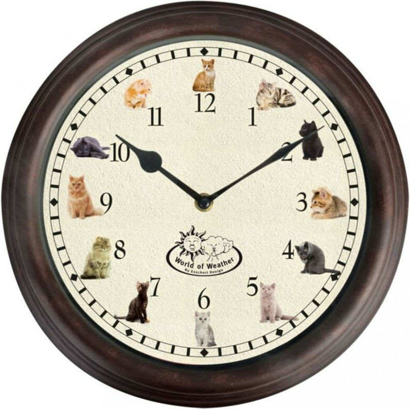 Esschert Design Wanduhr in Braun mit Katzenmiau-Geräuschen, analoge runde Kunststoffuhr zur Dekoration - Bild 1