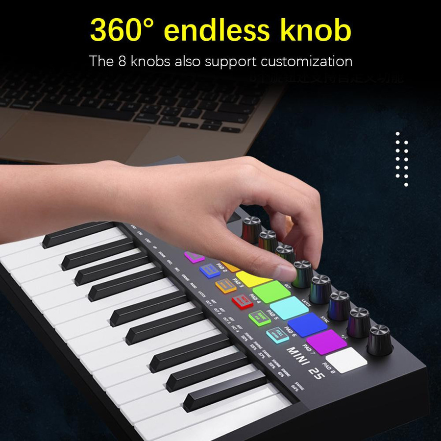 TOMTOP JMS 25-Tasten MIDI-Keyboard-Controller mit Bluetooth, professionelles elektronisches Audio-Arrangement, Schwarz, H x B x T: 3,5 x 34 x 17,8 cm - Bild 4