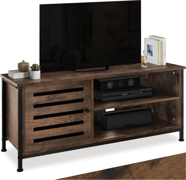 tectake TV-Board Galway Industrial Style in Braun aus Holz und Stahl mit 2 offenen Fächern und Magnettür, B/T/H: 110 x 50,5 x 50,5 cm - Bild 1