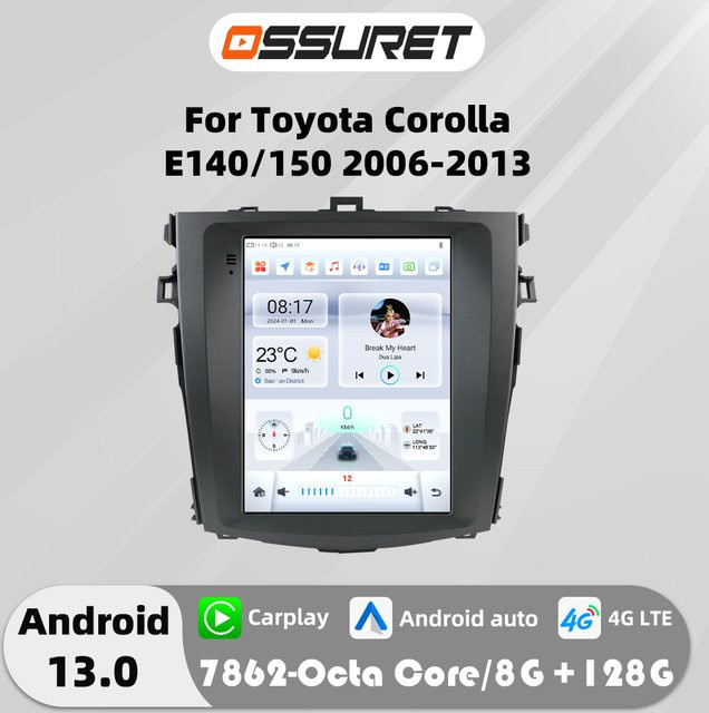 OSSURET Android 13 Autoradio für Toyota Corolla E140 E150 (2006-2013) mit 9,7 Zoll Display, 4G, GPS, Carplay und DSP Multimedia-Player in Schwarz - Bild 1