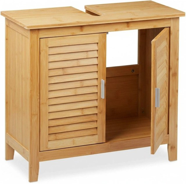 Relaxdays Waschbeckenunterschrank aus Bambus und MDF in Natur mit Magnetverschluss, B/T/H: 60 x 30 x 67 cm - Bild 1
