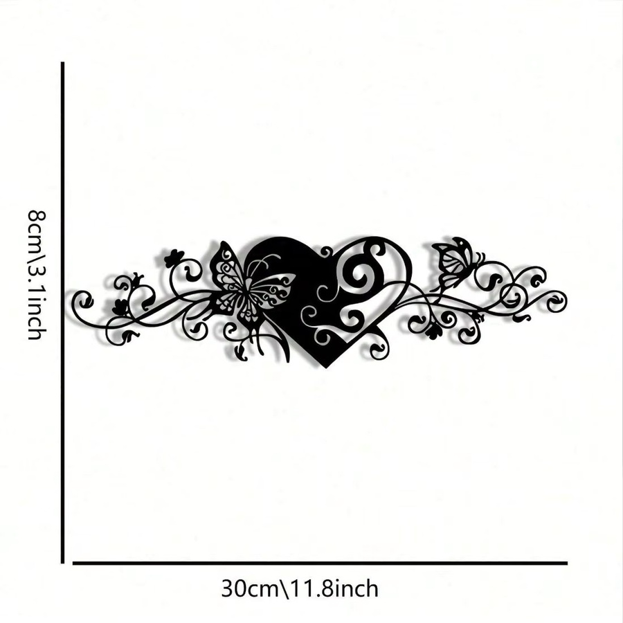 Minimalistische 2D-Wandkunst aus Metall von CIFBUY in Schwarz mit Herz, Schmetterling und Blumen als wasserdichte und rostfreie Dekoration für drinnen und draußen - Bild 2