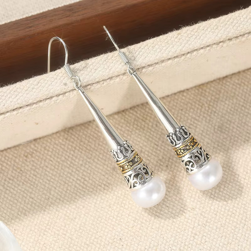 YoYo Anhänger-Ohrringe, Silber, Perle, Damen, Vintage - Bild 2