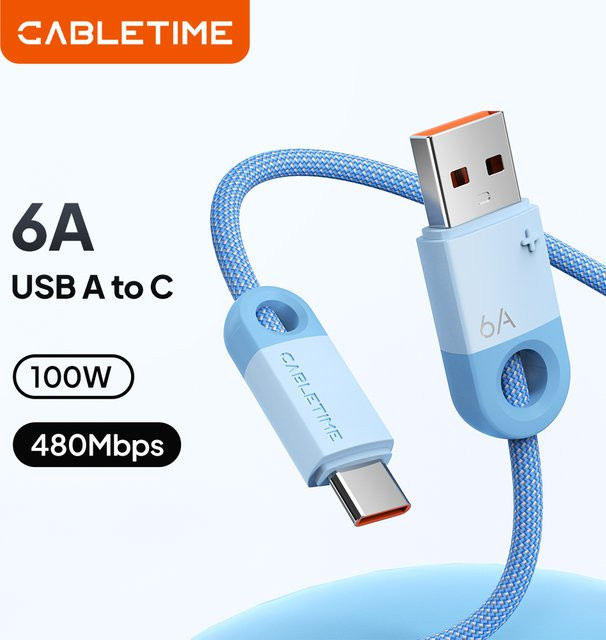CABLETIME USB-A auf USB-C Schnellladekabel 6A in Blau für Huawei, Honor und Xiaomi mit bis zu 100W Leistung - Bild 1
