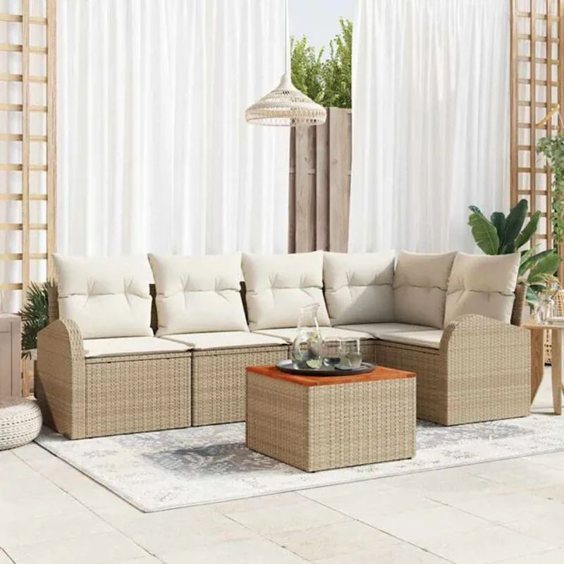 Vidaxl Garten-Sofa-Set aus 6 Teilen in Beige und Weiß, modernes Polyrattan-Loungemöbel mit Akazienholz und Stahl - Bild 1