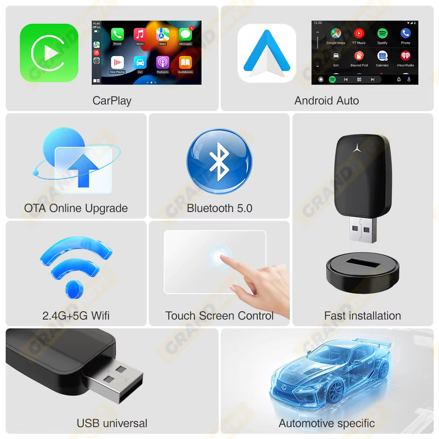 Grandnavi 2-in-1 Wireless Adapter für CarPlay und Android Auto, USB Plug-and-Play, Schwarz - Bild 4