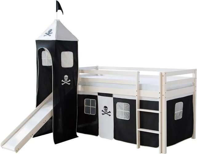 Homestyle4u Kinder Hochbett Pirat in Weiß mit Rutsche, Turm, Vorhang und Matratze aus Kiefernholz, B/T/H: 219,5 x 90 x 207,5 cm - Bild 1