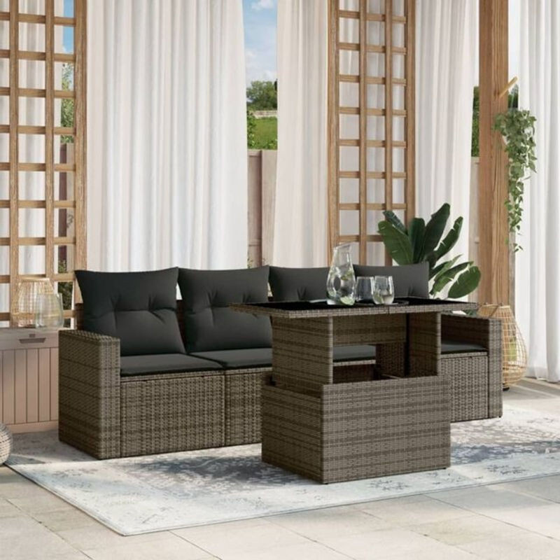 5-tlg. Garten-Sofagarnitur aus Poly-Rattan in Grau mit Kissen von vidaxl - Bild 1