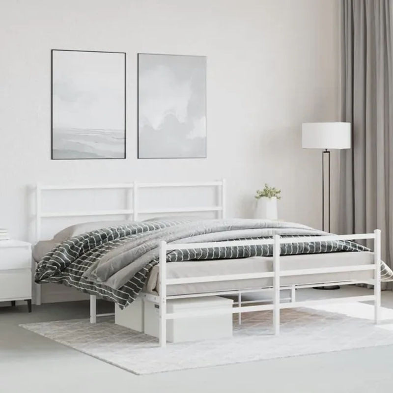 Vidaxl Metall-Bettgestell mit Kopfteil und Fußteil in Weiß, B/T/H: 150 x 200 cm - Bild 1