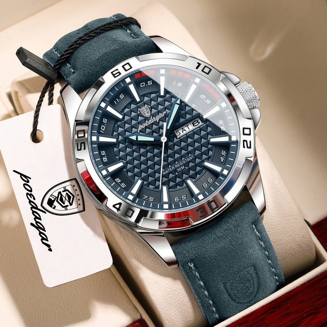 POEDAGAR Armbanduhr Quarz, Leder, Schwarz, Herren, Datum, Wochentag - Bild 1