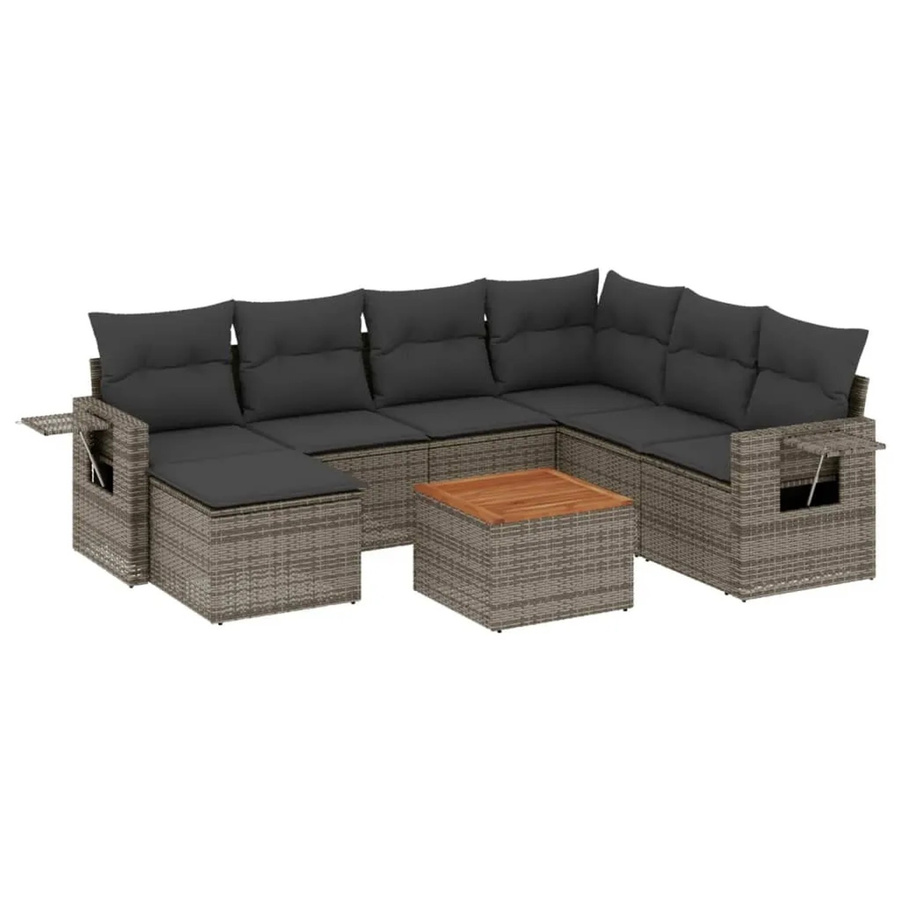 vidaXL 8-tlg Garten-Sofagarnitur in L-Form aus Poly-Rattan und Akazienholz mit Kissen in Grau - Bild 2